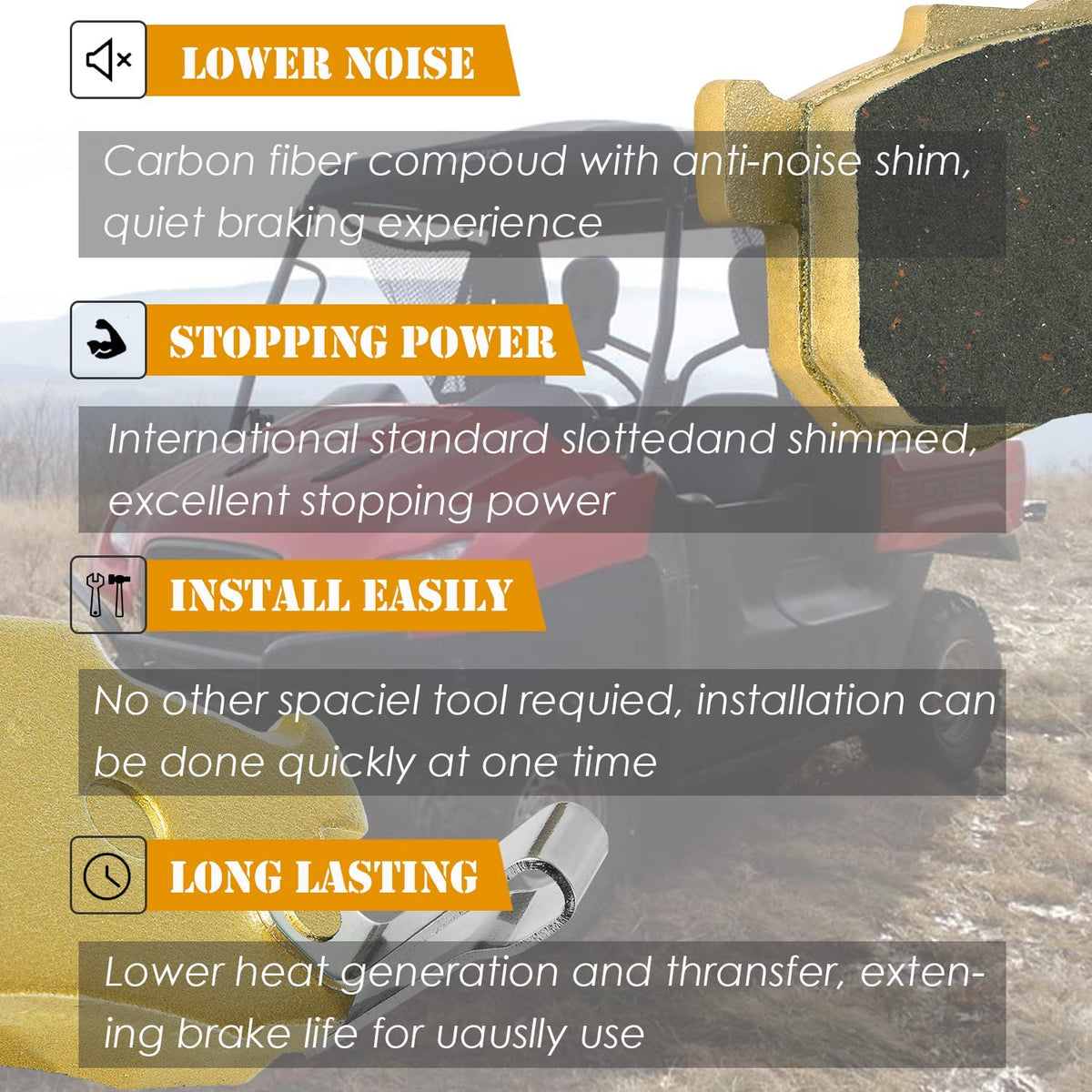 Yoursme pad installed on Honda Pioneer front caliper demonstrating direct-fit and improved braking