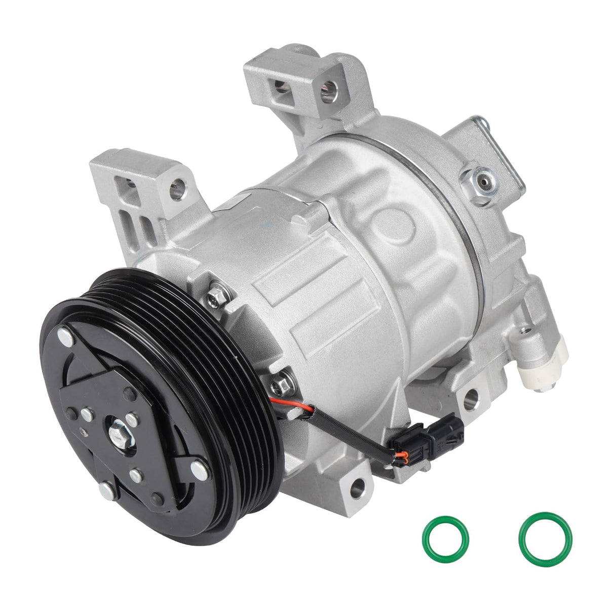 Youxmoto front view of AC compressor showing complete unit and mounting flanges for easy replacement