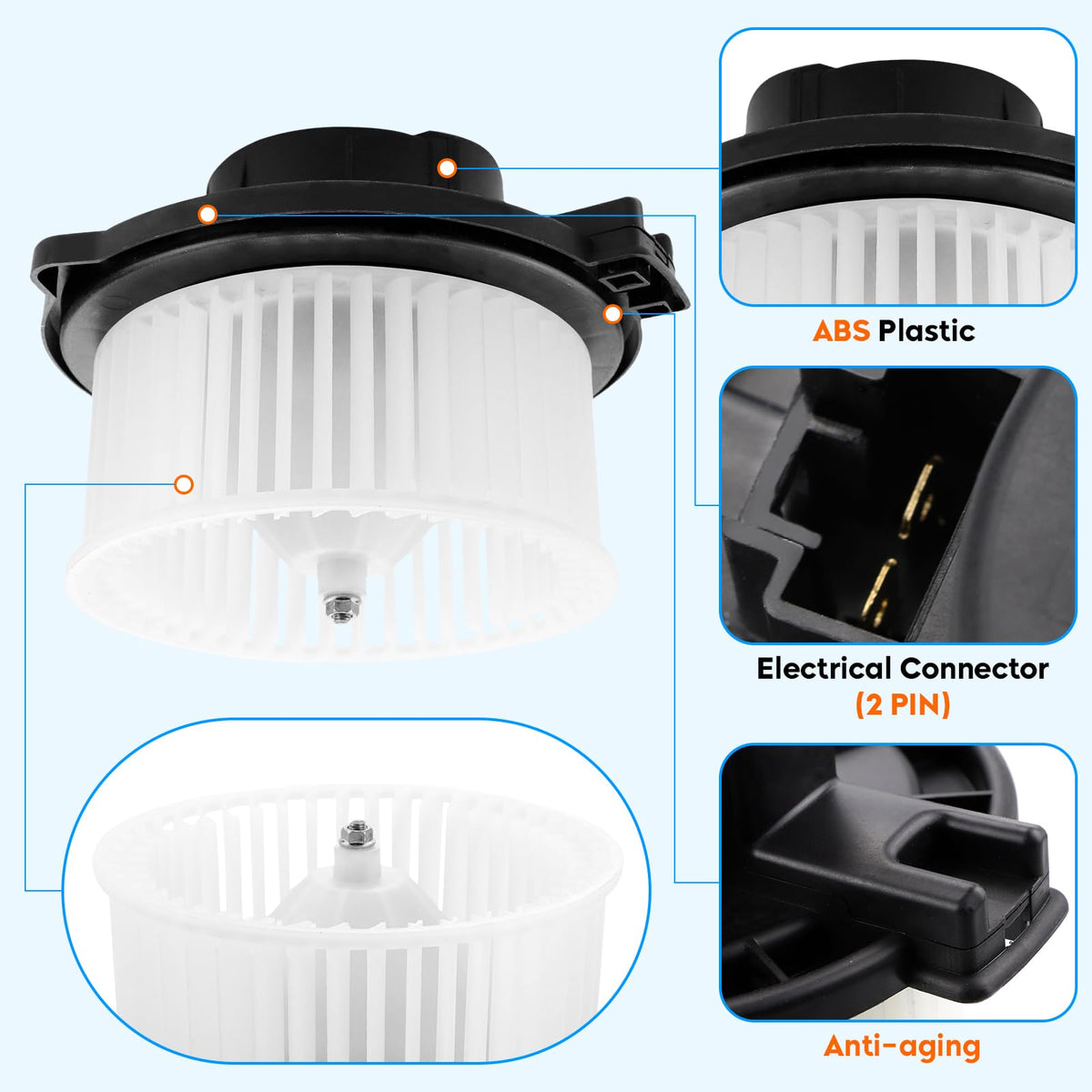 Youxmoto blower motor connector closeup illustrating plug compatibility benefit