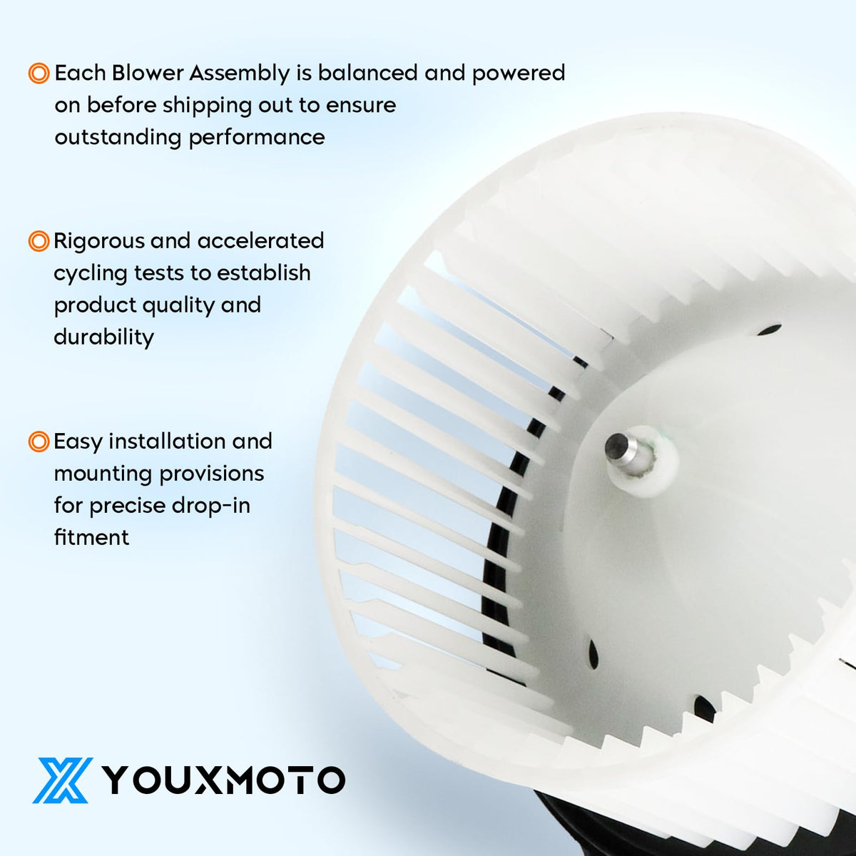 Youxmoto blower motor impeller detail demonstrating balanced, quiet spin