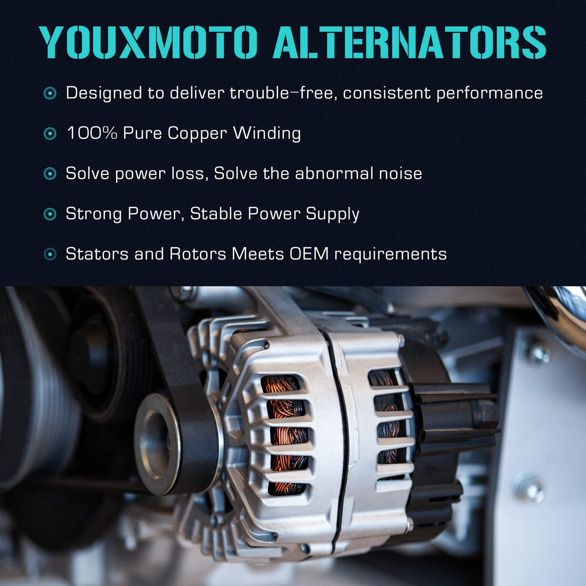 Youxmoto alternator installed in engine bay demonstrating direct-fit benefit