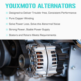 Youxmoto alternator label and electrical connector showing compatibility info