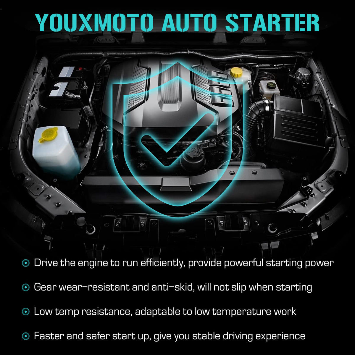 Youxmoto starter installed in engine bay demonstrating direct fitment