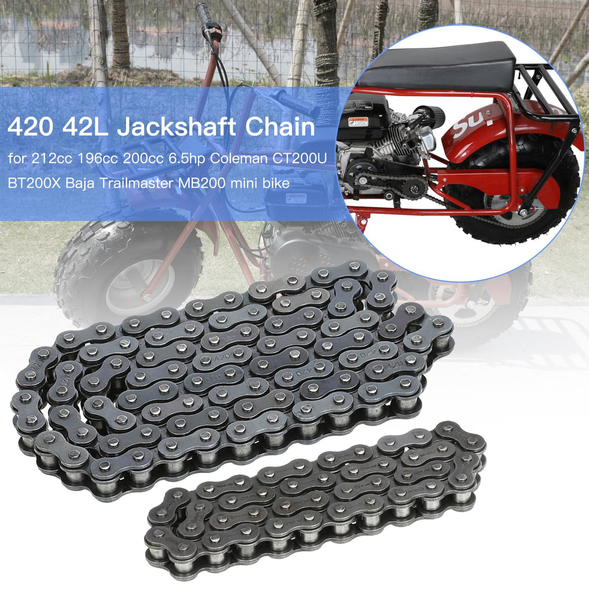 YOXUFA 42-link jackshaft chain close-up showing hardened links for longer wear