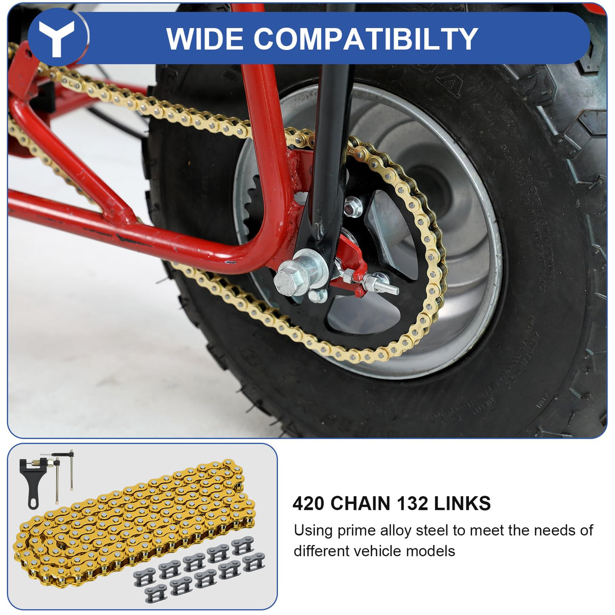 YOXUFA close-up of 420 chain links highlighting strength and finish
