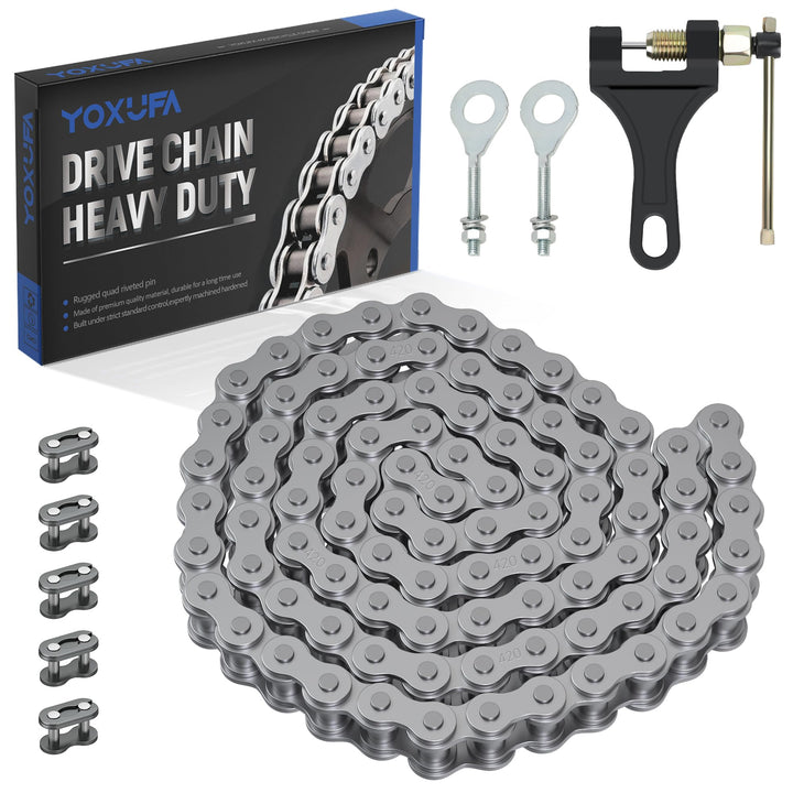 YOXUFA 420 chain front view showing full 90-link kit and ready-to-install benefit