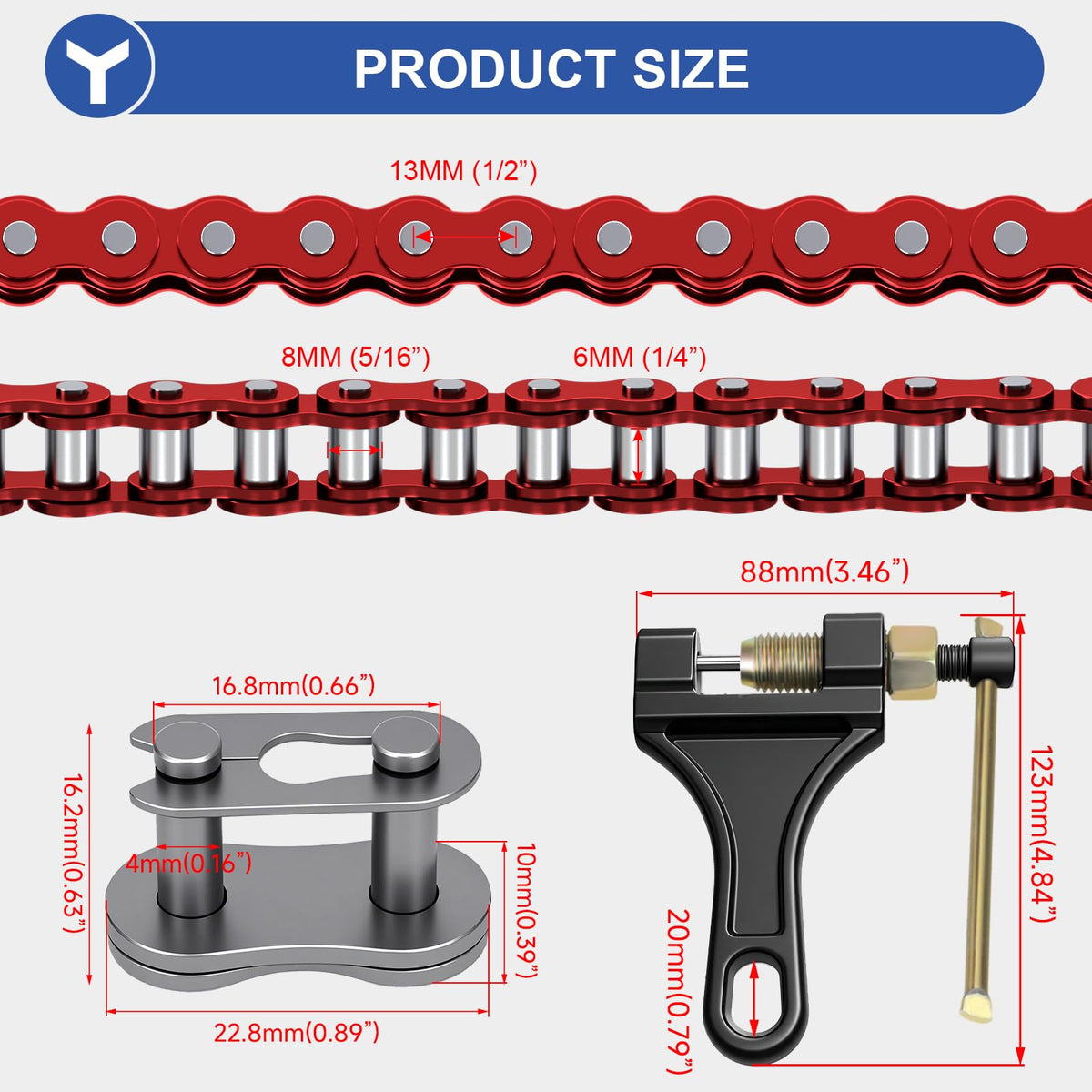 YOXUFA chain breaker tool beside chain showing easy length adjustment benefit