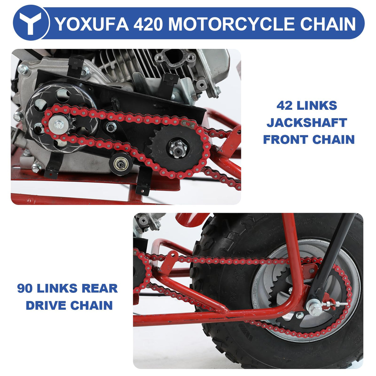 YOXUFA rear drive chain installed on a mini bike demonstrating fit and smooth power transfer