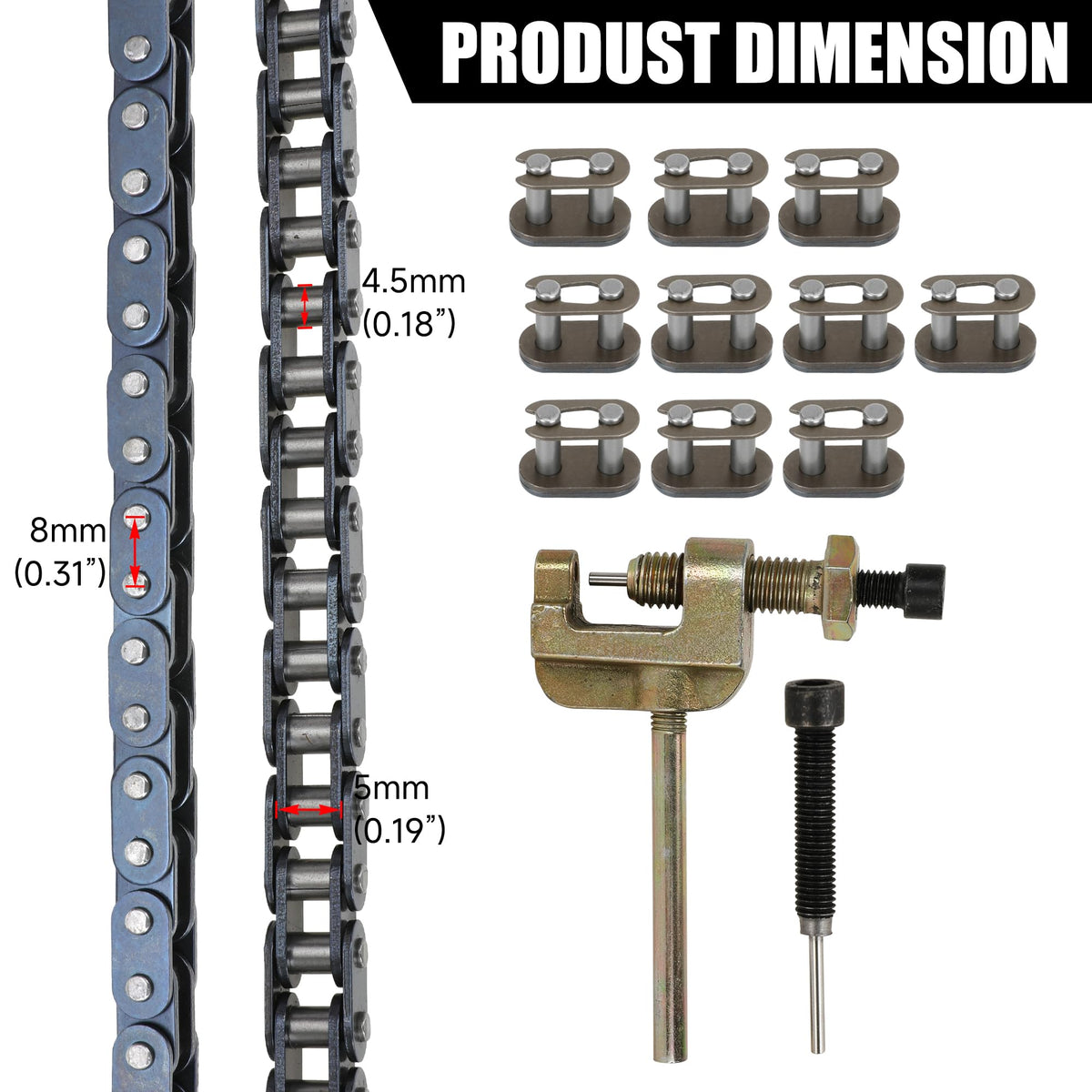 YOXUFA complete kit laid out with sprocket, chain, links and tool