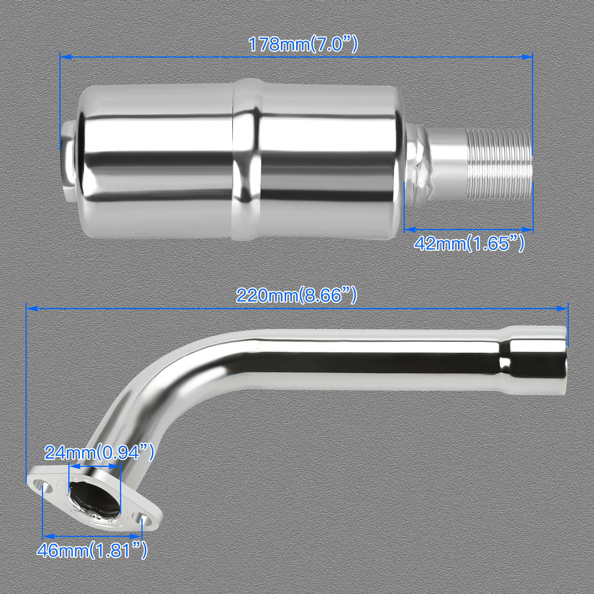 YOXUFA side profile of exhaust pipe showing length and alignment advantage