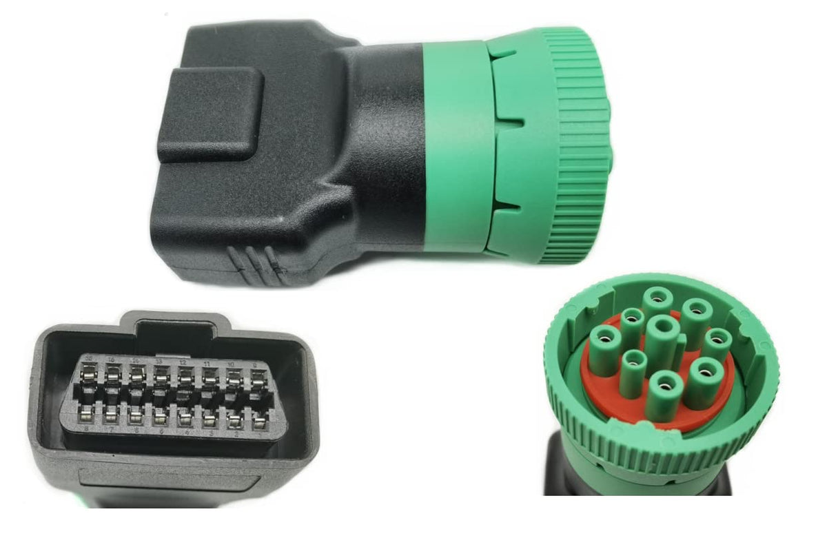 YPP front view of green Type 2 J1939 adapter showing connector and benefit sturdy connection