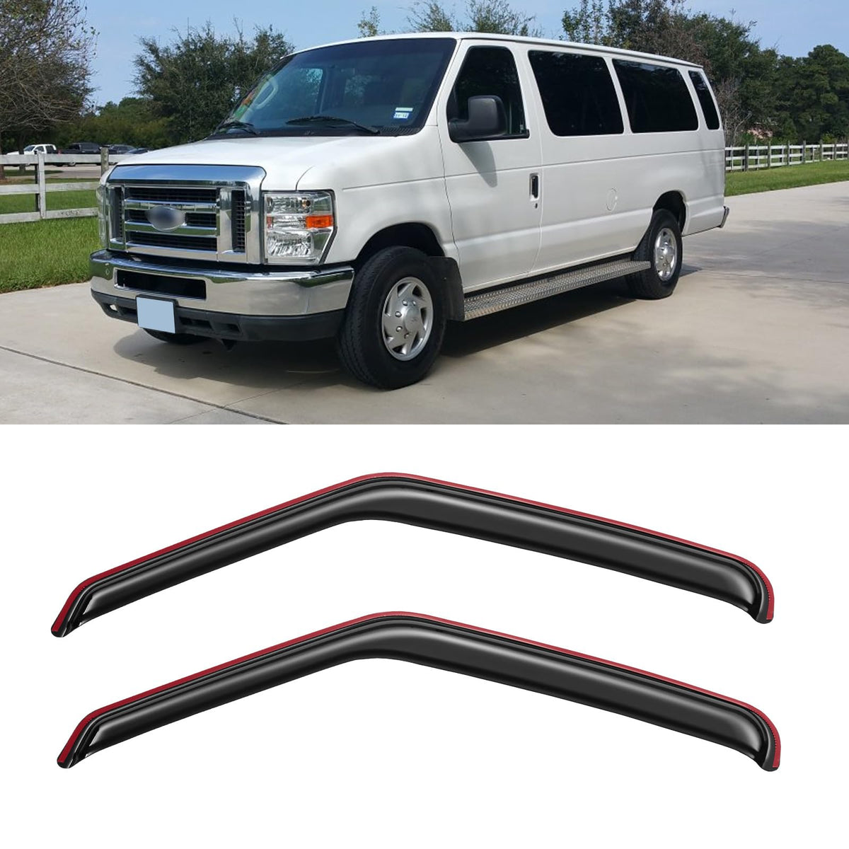 YQAUTEC front installed visor on Ford E-Series showing sleek fit and improved airflow