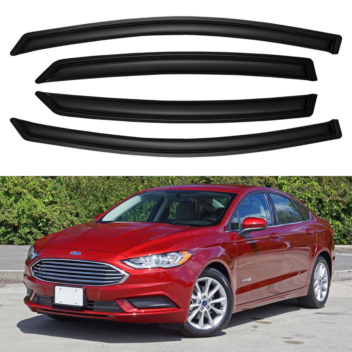 YQAUTEC front driver window visor packaging showing fitment benefit