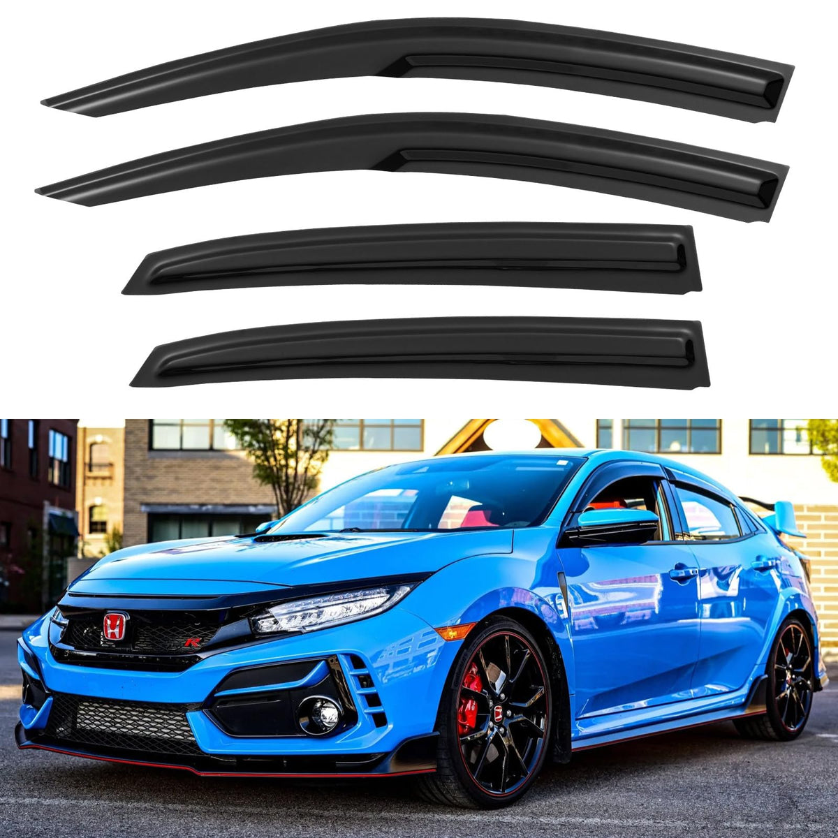 YQAUTEC front view of visors showing fit for Honda Civic Hatchback and easy installation