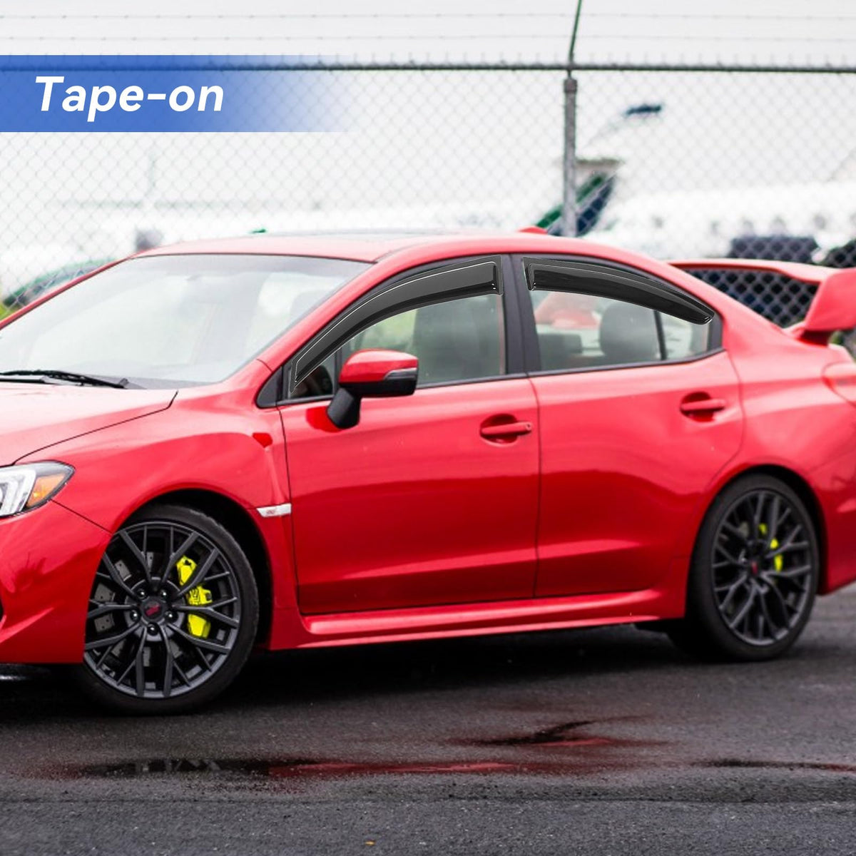 YQAUTEC installed front door visor on Subaru WRX illustrating low-profile fit
