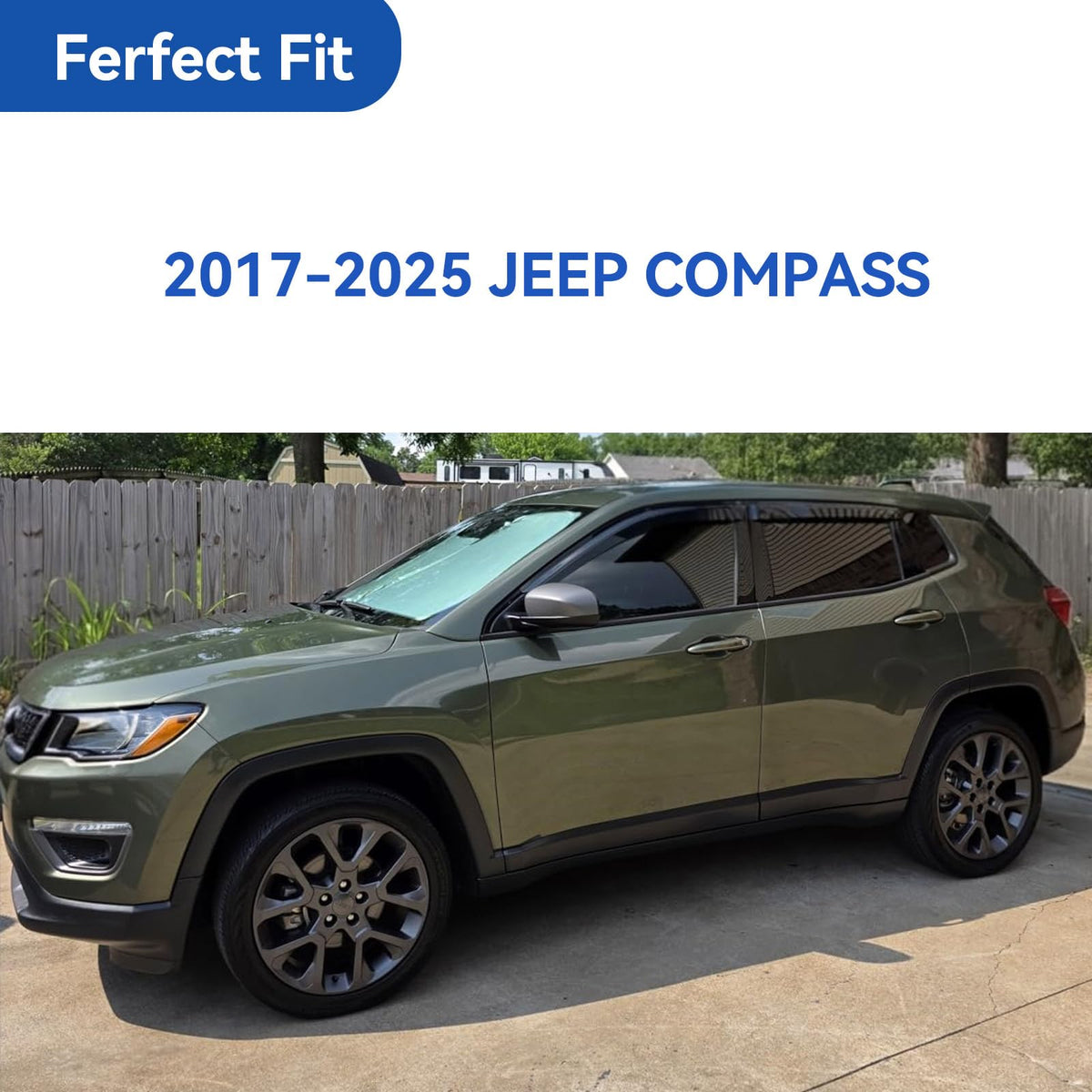 YQAUTEC visor installed on Jeep Compass side profile reducing wind intrusion