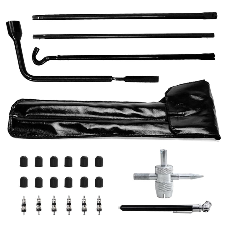 YQCSO front view of spare tire tool kit showing complete set and fit benefit