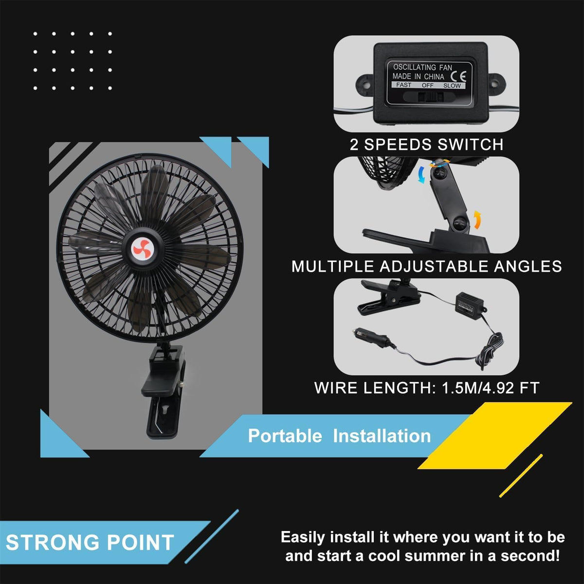 YQSIYU fan clipped to a car sun visor demonstrating secure mounting and cooling reach