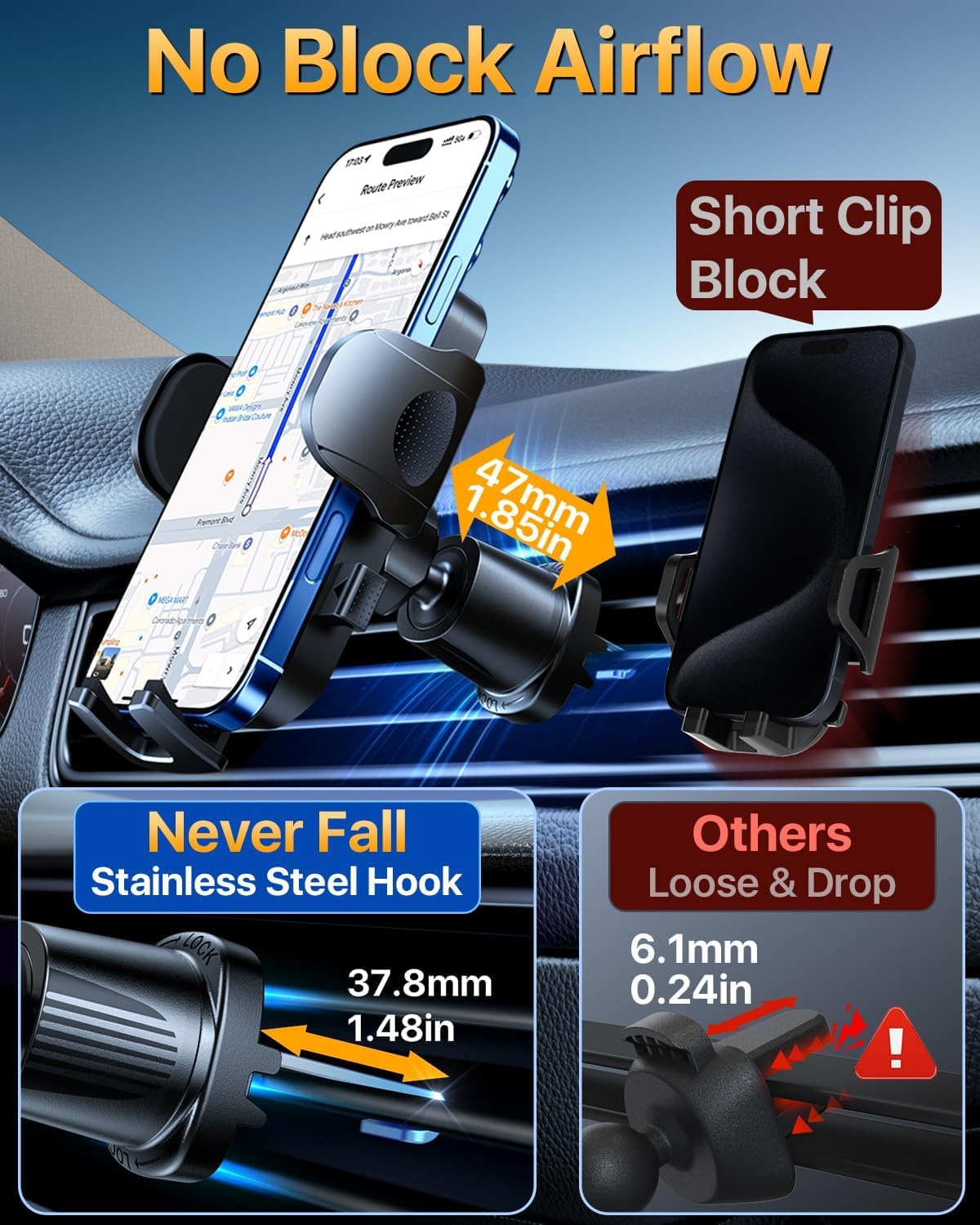 YRU phone clamp holding an iPhone securely with case-friendly depth