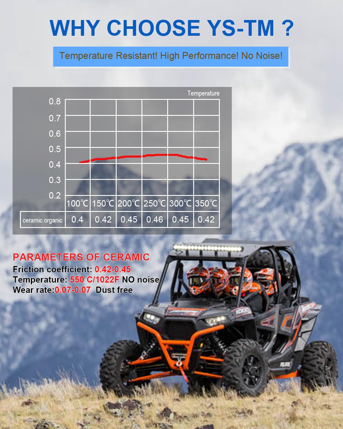 YS-TM brake pads installed on Polaris RZR wheel demonstrating secure fit
