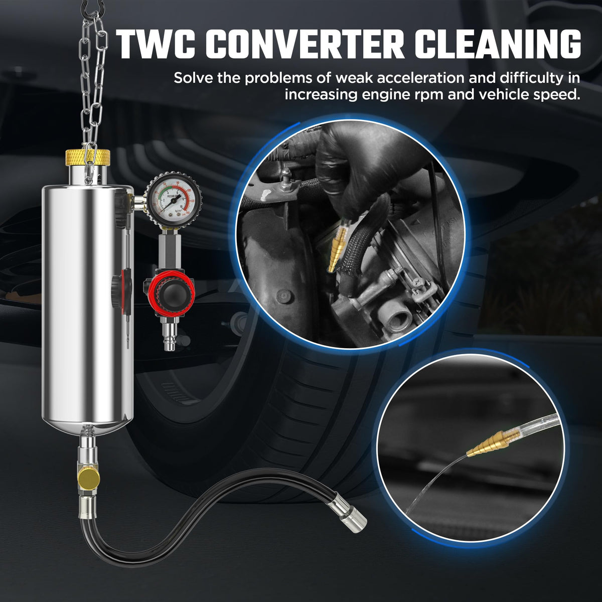 YUANRI cleaner connected to a fuel rail demonstrating no-disassembly cleaning