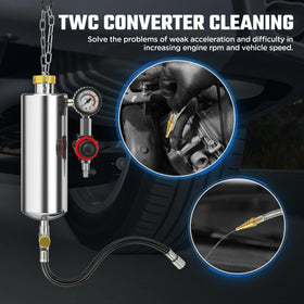 YUANRI cleaner connected to a fuel rail demonstrating no-disassembly cleaning