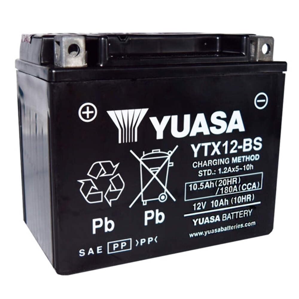 Yuasa YTX12-BS front angle showing terminals and compact size for reliable starts