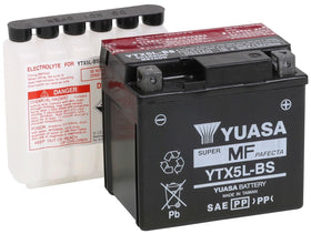 Yuasa front packaging YTX5L-BS showing compact battery and clear model label for quick selection