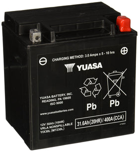 Yuasa YIX30L front view showing terminals and label for easy identification and quick installation