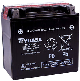 Yuasa YTX14-BS front label showing specifications and compact design for easy fit