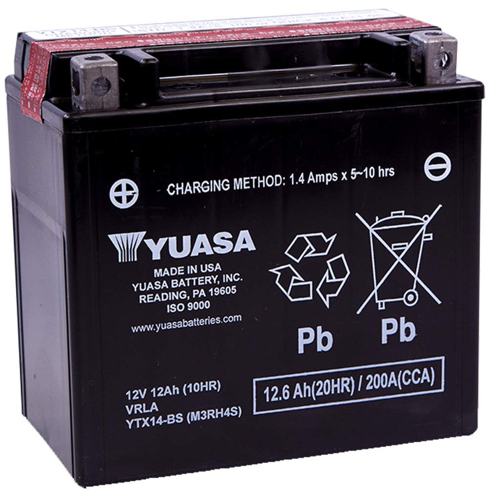 Yuasa YTX14-BS front label showing specifications and compact design for easy fit