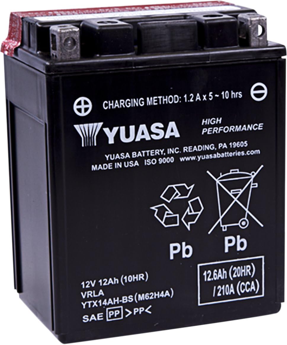 Yuasa YTX14AH-BS front view showing terminals and compact durable design benefit