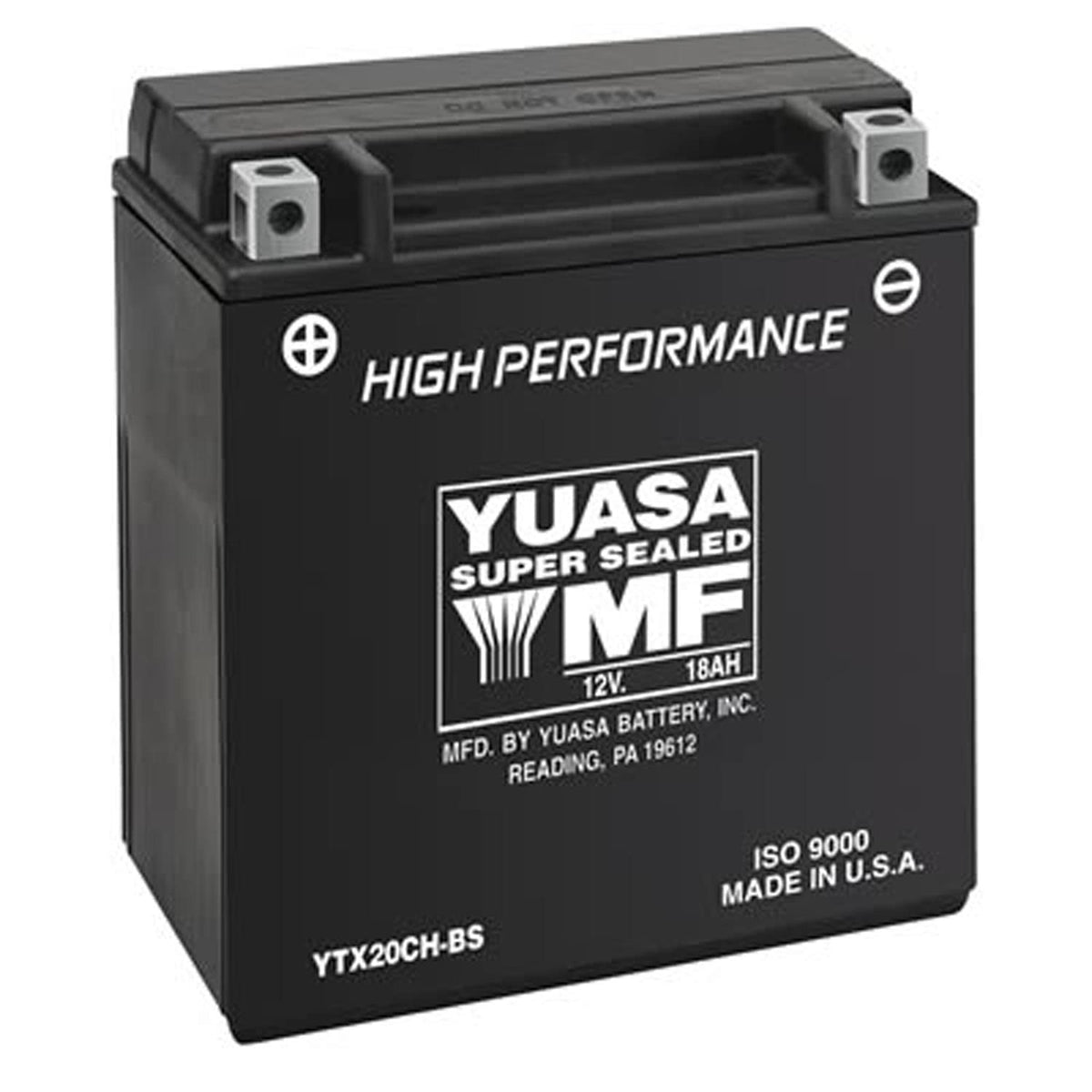 Yuasa battery front view showing label and compact size for reliable starts