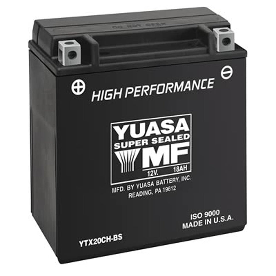 Yuasa battery front view showing label and compact size for reliable starts