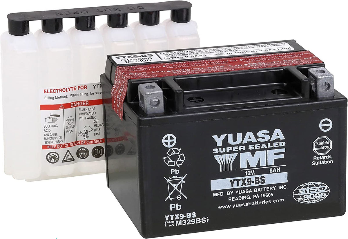 Yuasa YTX9-BS front view showing label and compact form for easy fit