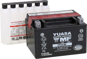 Yuasa YTX9-BS front view showing label and compact form for easy fit