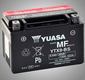 Yuasa YTX9-BS beside a scale demonstrating lightweight, easy handling