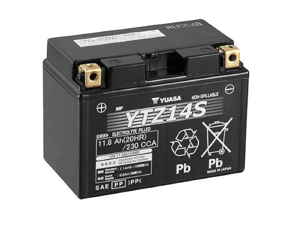 Yuasa YTZ14S front view showing compact case and terminals for easy fitment