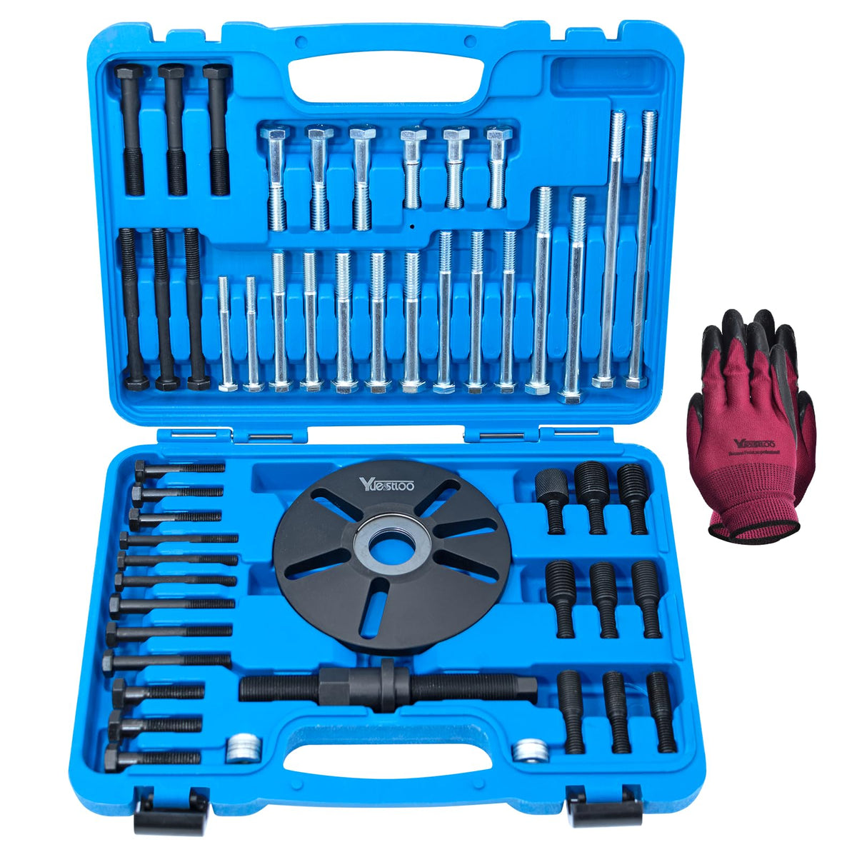 Yuesstloo front view of 59-piece puller kit showing organized components and gloves for quick setup