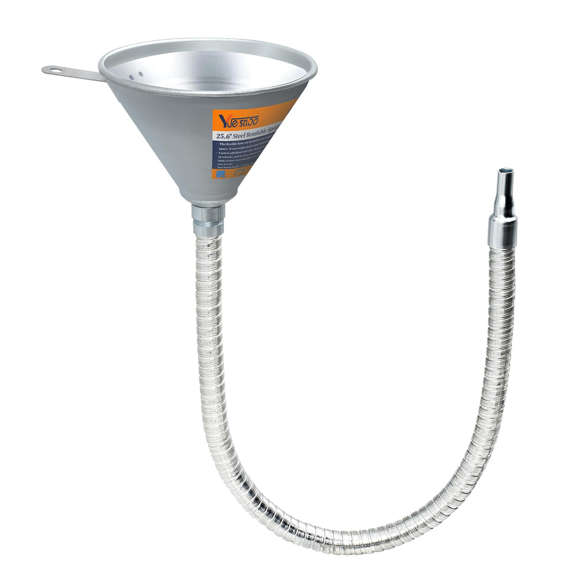 Yuesstloo front view of steel funnel showing full 25.6" length and durability benefit