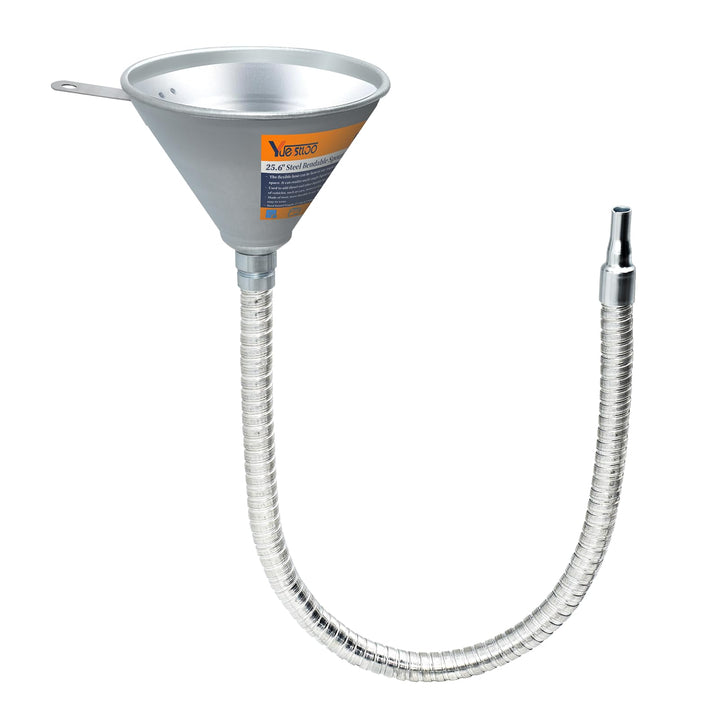 Yuesstloo front view of steel funnel showing full 25.6" length and durability benefit