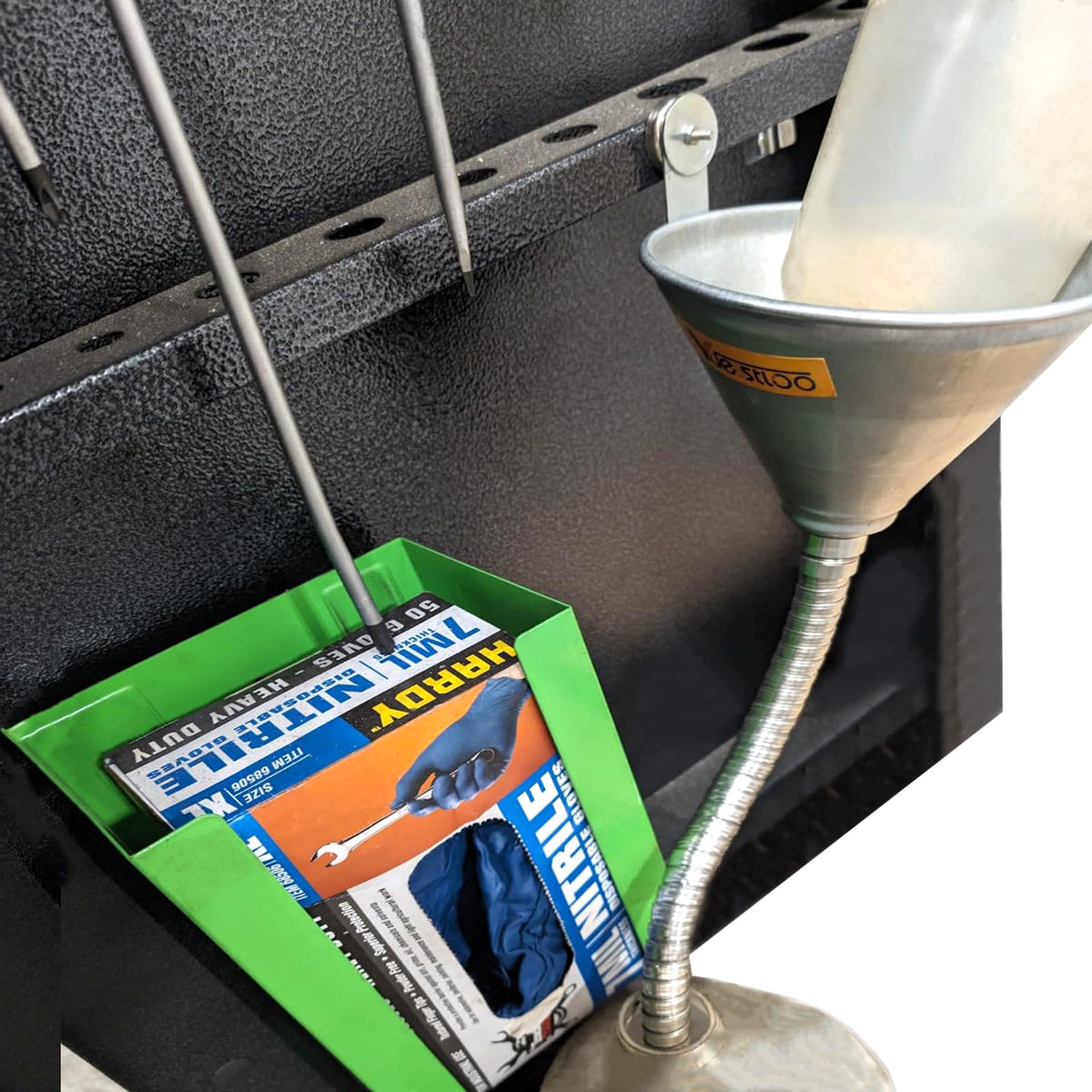 Yuesstloo hooked funnel hanging on garage pegboard for tidy storage benefit