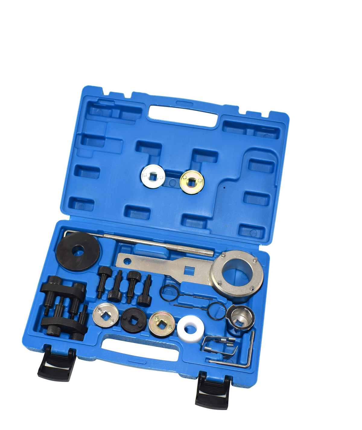 Yuesstloo timing tools on garage workbench, professional workshop readiness