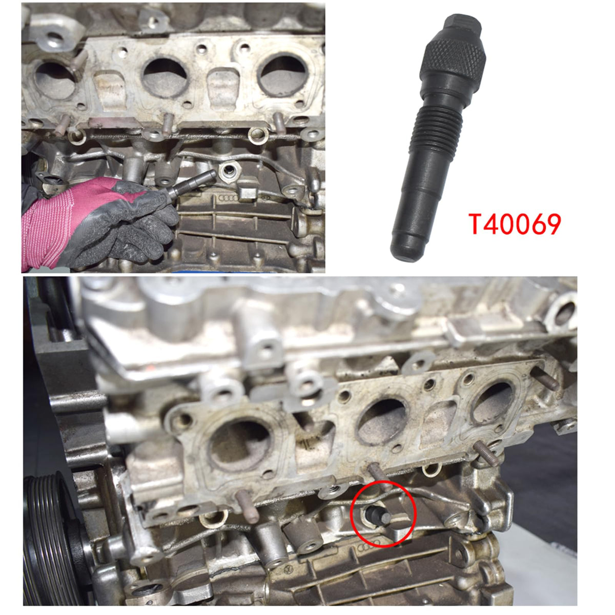 Yuesstloo locking pin installed in engine demonstrating secure camshaft hold
