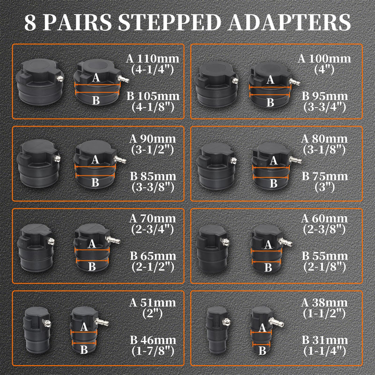 Yuesstloo stepped adaptors layout showing range of sizes to fit varied hose diameters