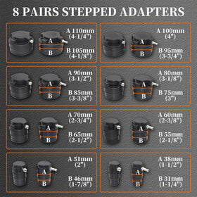 Yuesstloo stepped adaptors layout showing range of sizes to fit varied hose diameters