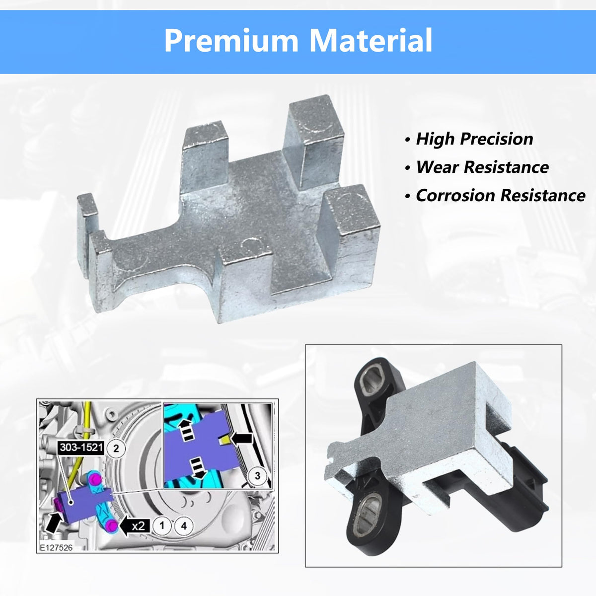 Yuesstloo tool engaged on engine block demonstrating secure locking and accurate timing benefit