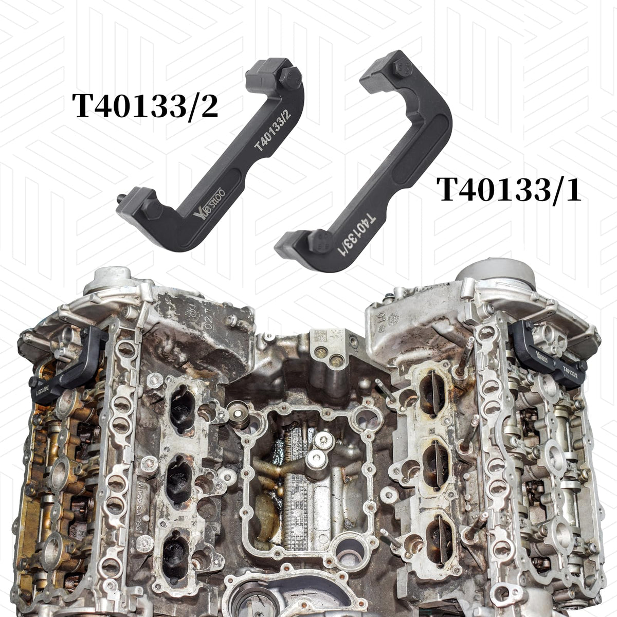 Yuesstloo tools in use on an Audi engine showing correct camshaft locking and safety