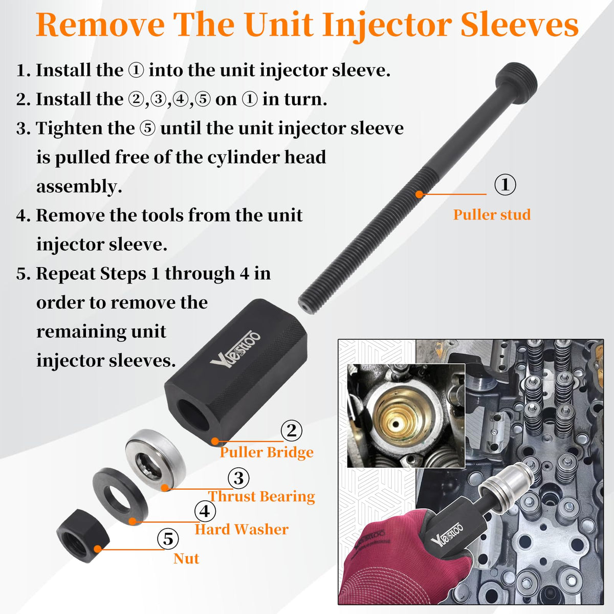 Yuesstloo technician using tool to remove injector sleeve showing damage prevention benefit