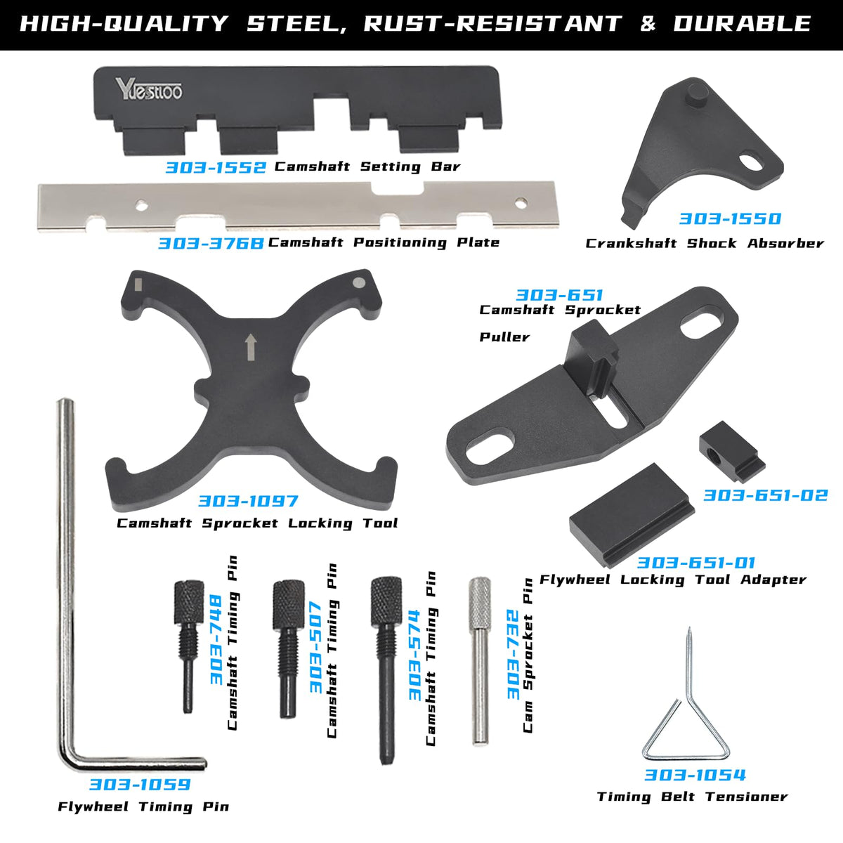 Yuesstloo full tool spread on bench illustrating complete 13-piece kit for engine timing jobs